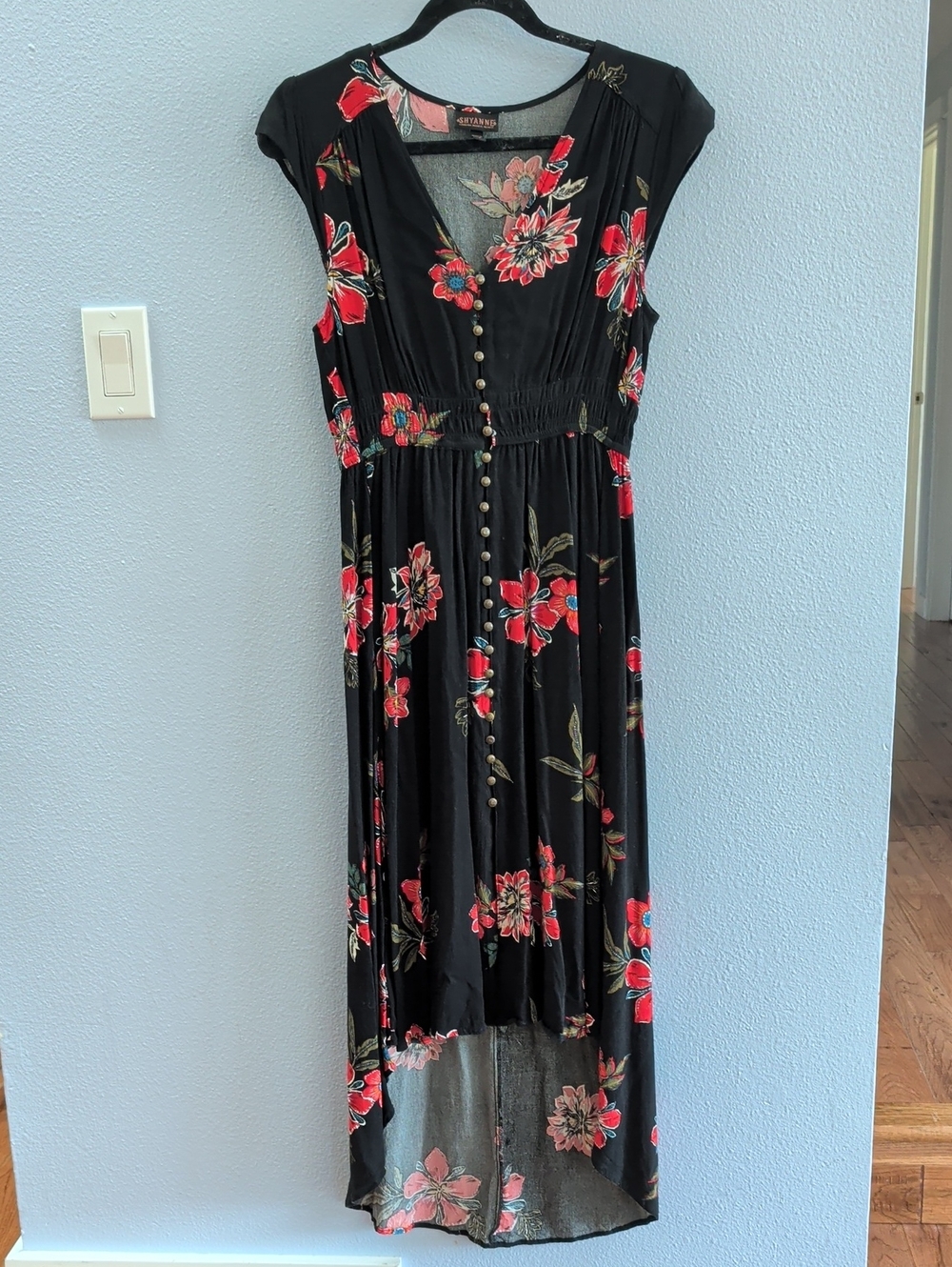 Shyanne Black Floral High-Low Dress with Red Floral Print